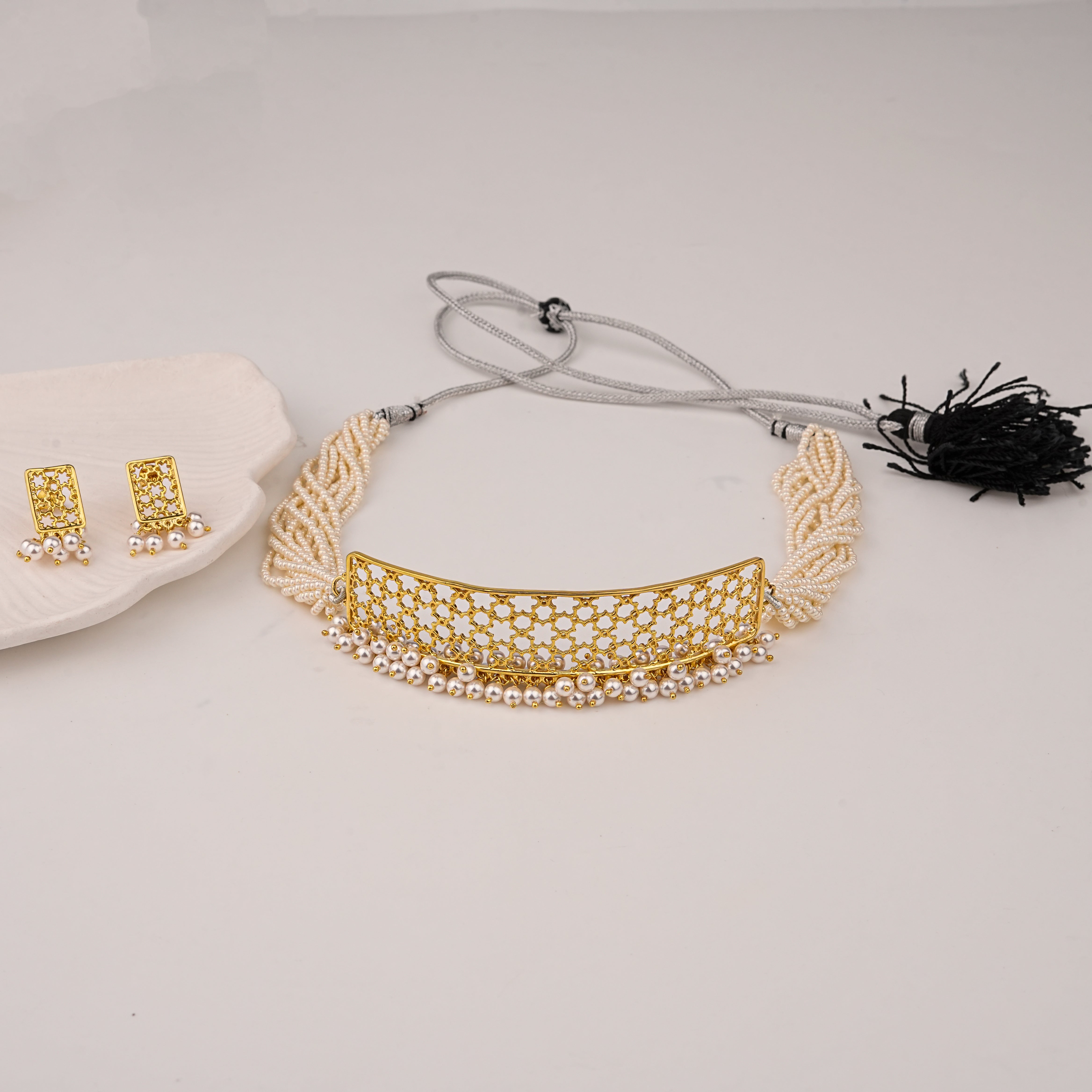 Silver Filigree Choker Set with Pearls | 22K Gold-Plated