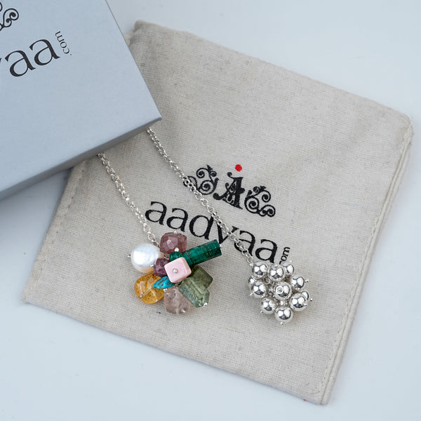 Multicolour Stones & Sarmanee Bunch Tie & Wear Necklace | 92.5 Sterling Silver