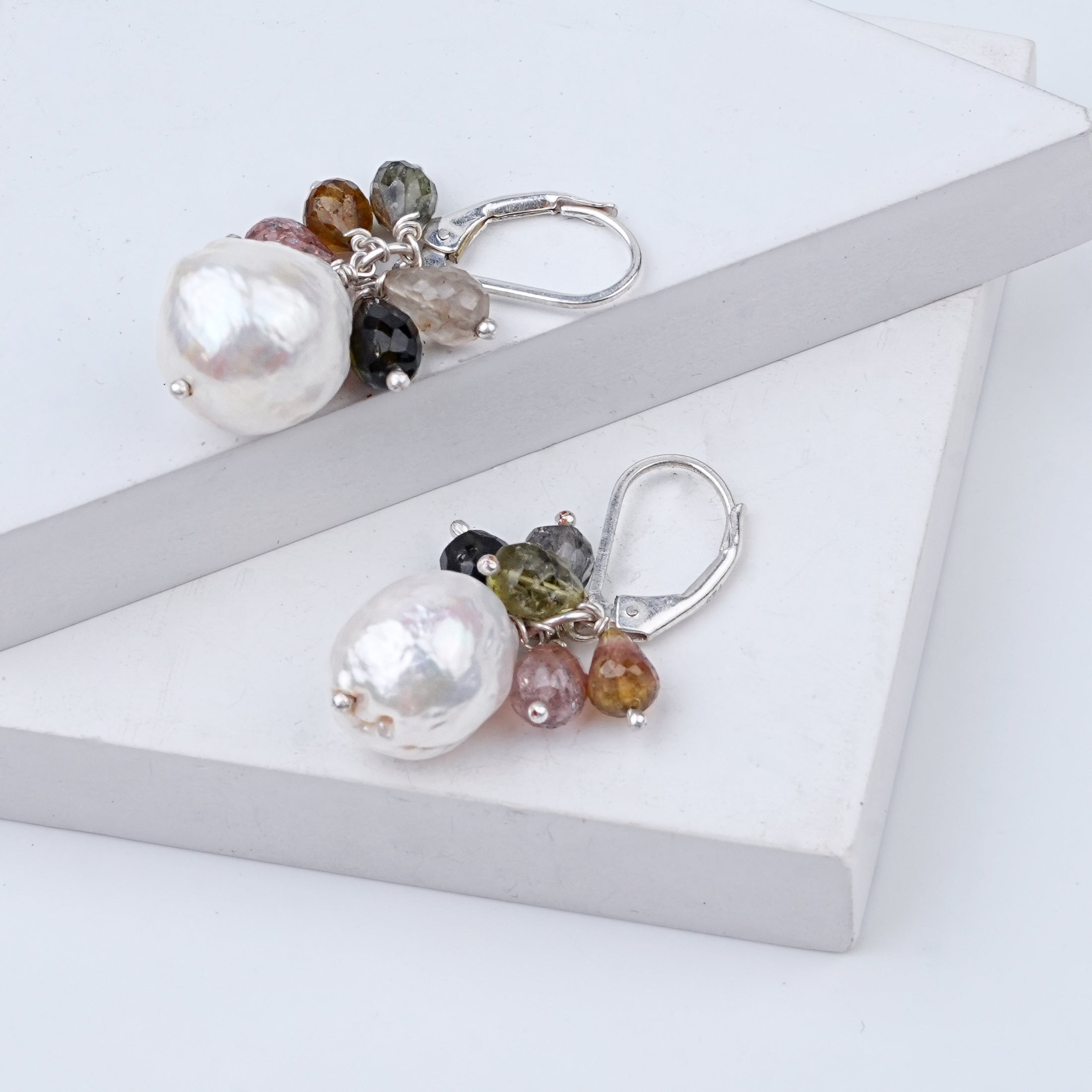 Tourmaline Bunch & Pearl Silver Earrings (Project Handmade)