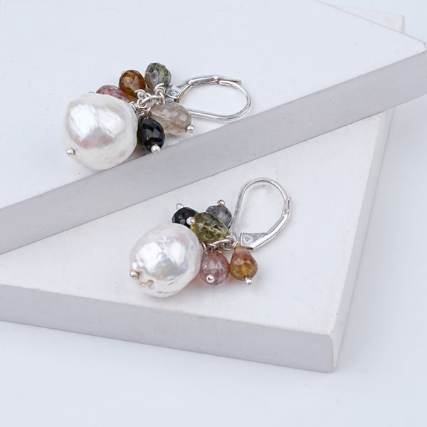 Tourmaline Bunch & Pearl Silver Earrings (Project Handmade)