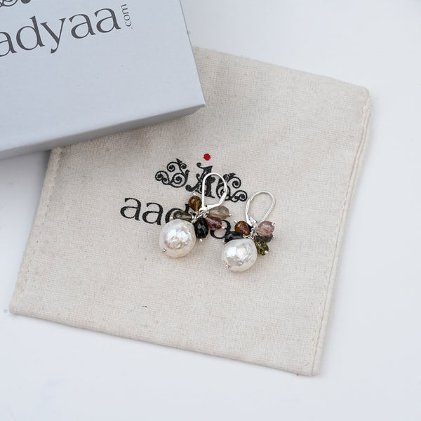 Tourmaline Bunch & Pearl Silver Earrings (Project Handmade)