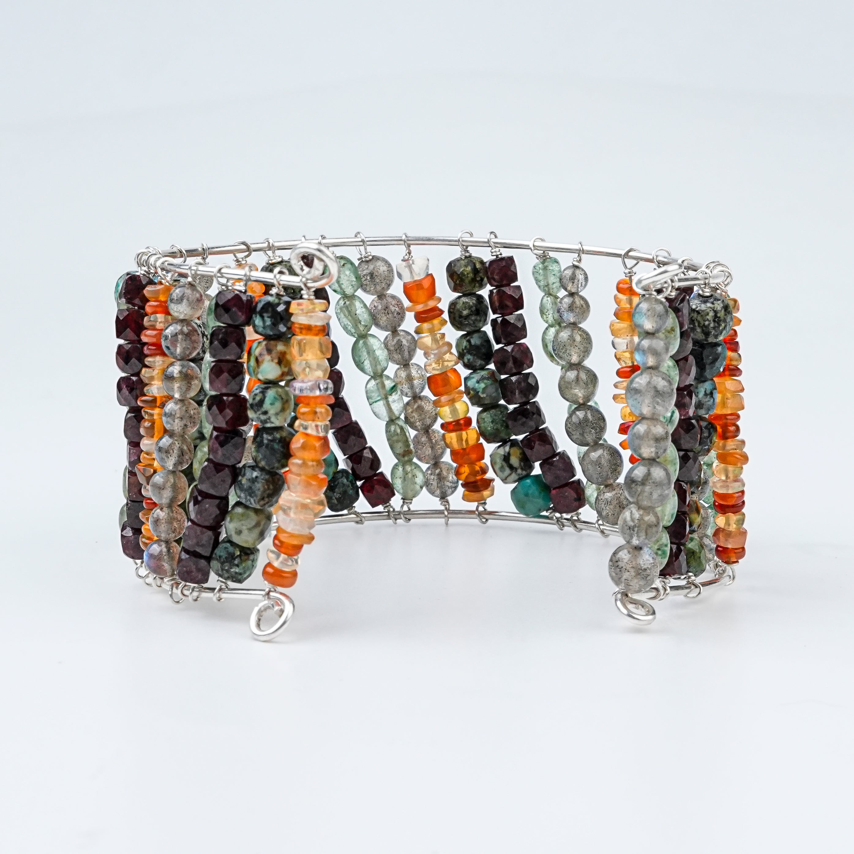 Multicolour Semi-Precious Stone Silver Bracelet (Project Handmade)