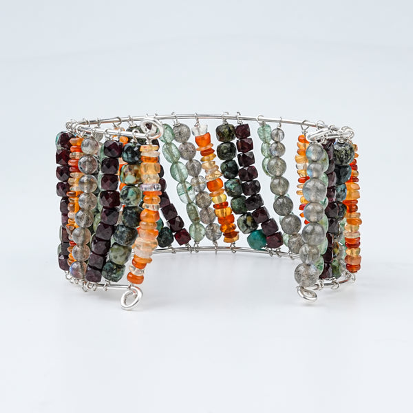 Multicolour Semi-Precious Stone Silver Bracelet (Project Handmade)