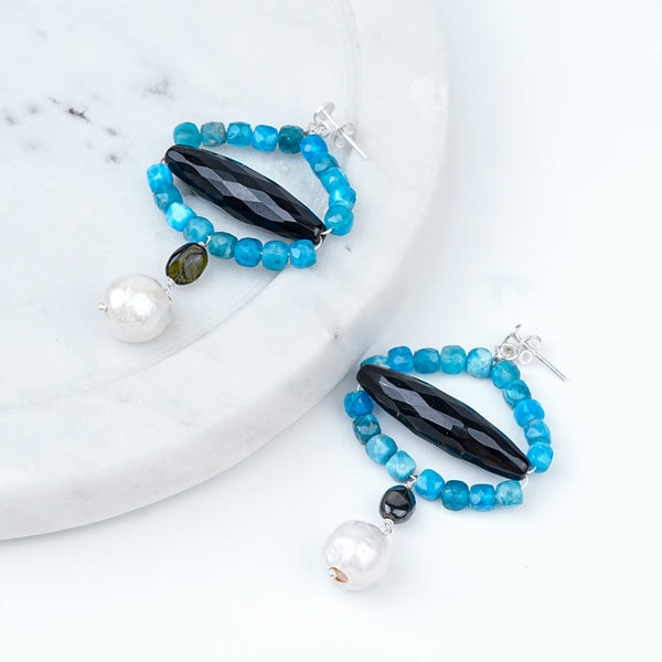 Black Spinel, Blue Jade & Pearl Silver Earrings (Project Handmade)