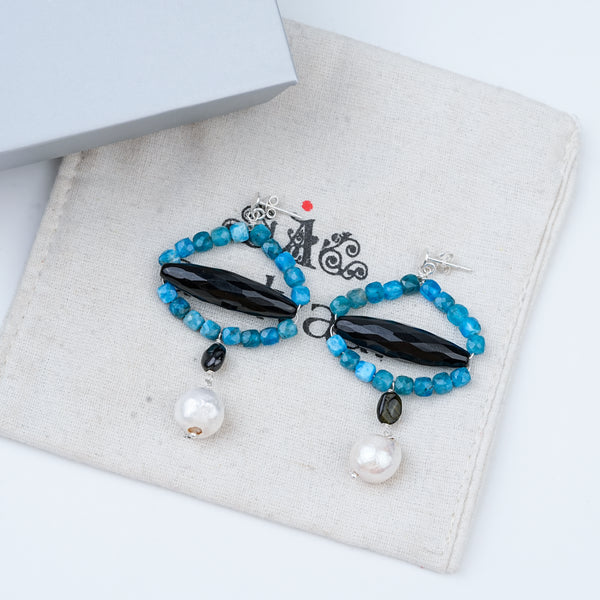 Black Spinel, Blue Jade & Pearl Silver Earrings (Project Handmade)