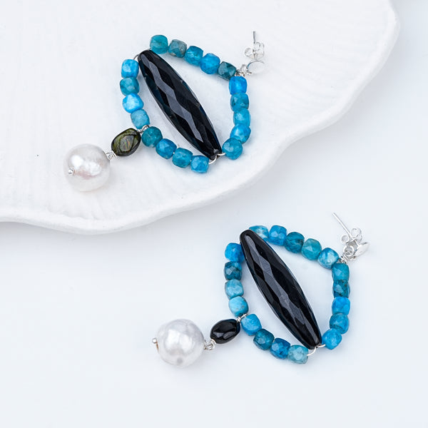 Black Spinel, Blue Jade & Pearl Silver Earrings (Project Handmade)