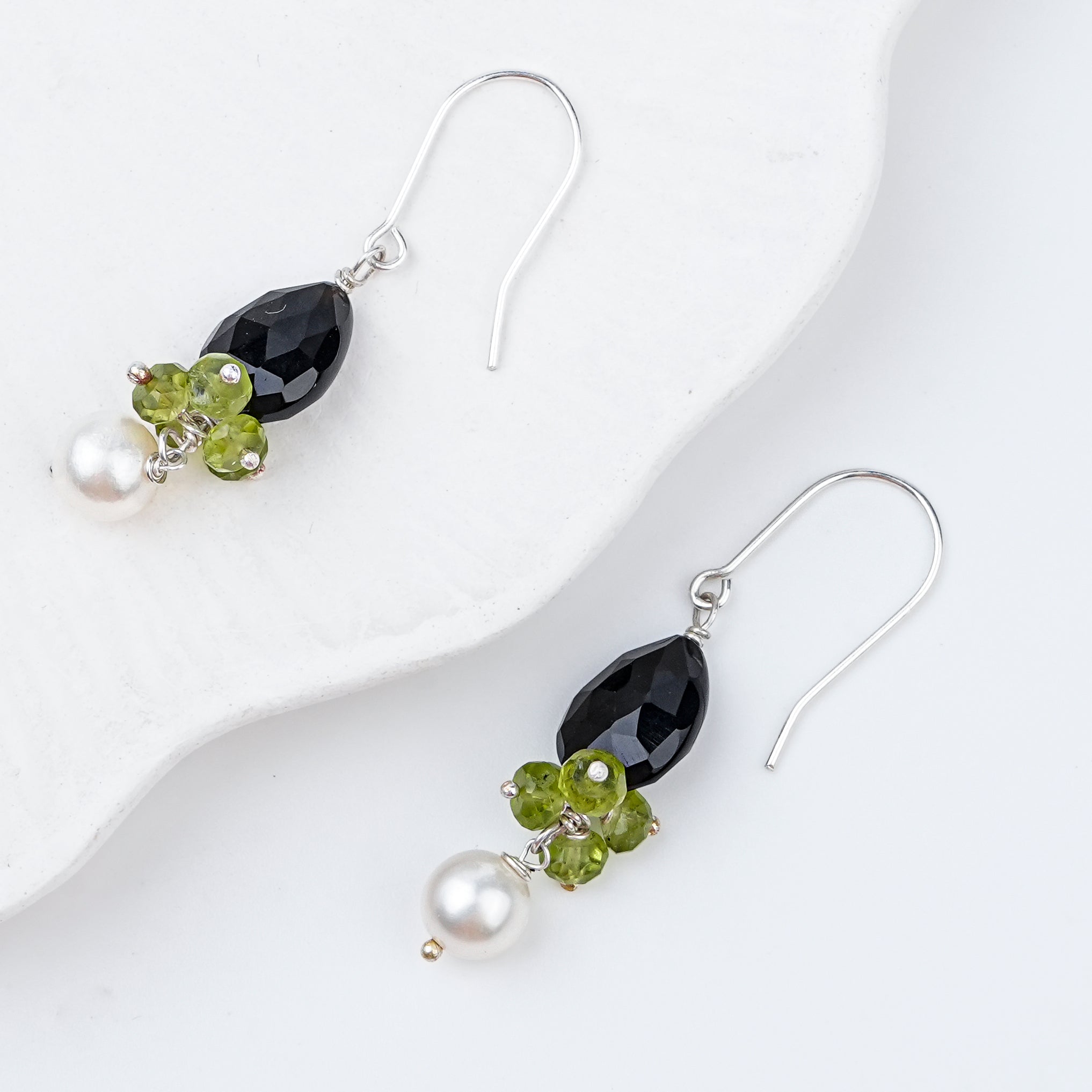 Black Spinel Drop, Peridot & Pearl Silver Earrings (Project Handmade)