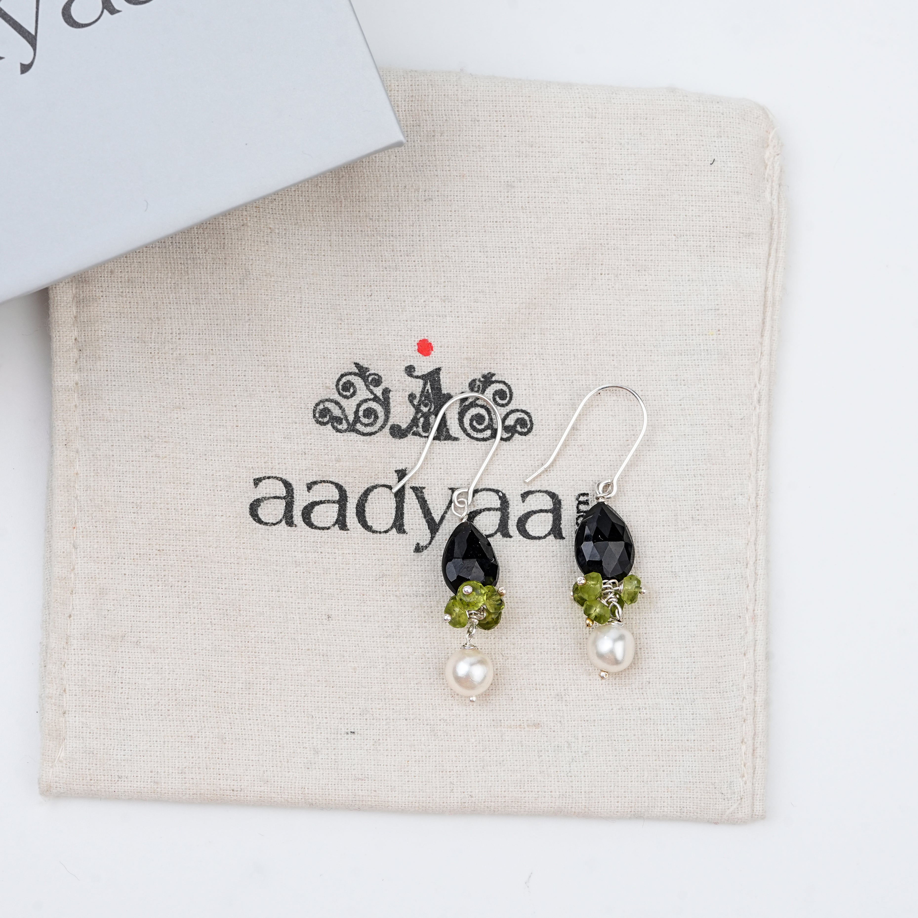 Black Spinel Drop, Peridot & Pearl Silver Earrings (Project Handmade)
