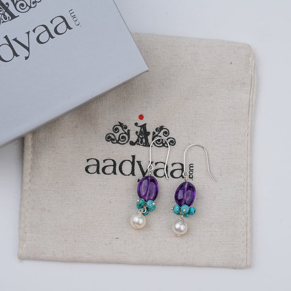 Amethyst, Turquoise Bunch & Pearl Silver Earrings (Project Handmade)