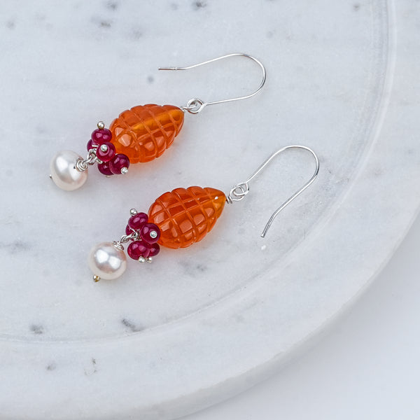 Carnelian Drop, Rubies & Pearl Silver Earrings (Project Handmade)