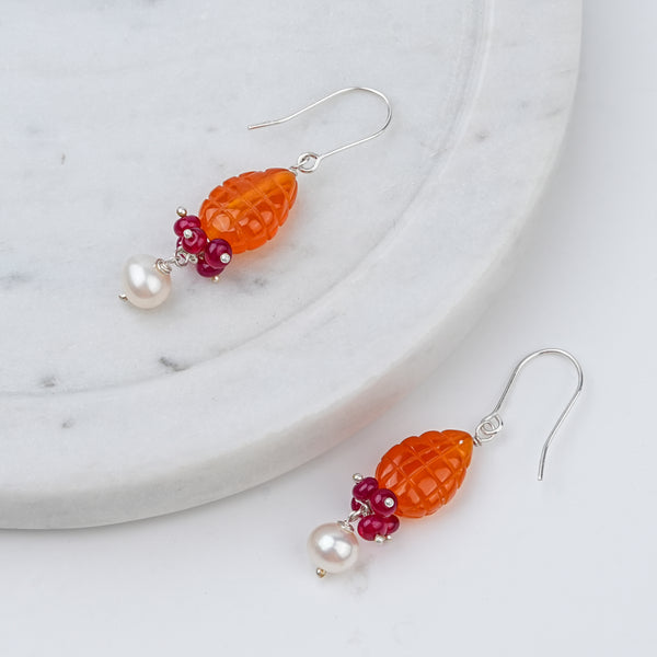 Carnelian Drop, Rubies & Pearl Silver Earrings (Project Handmade)