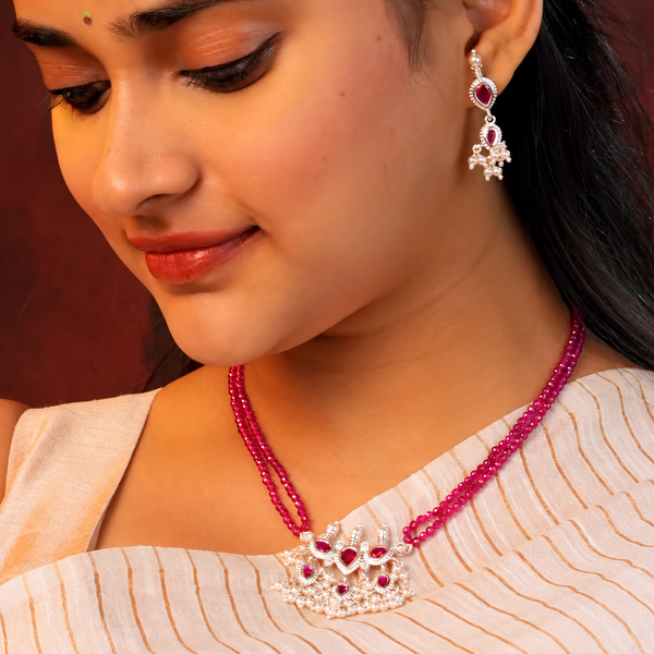 Silver Pink CZ Tanmani Set with Rubies