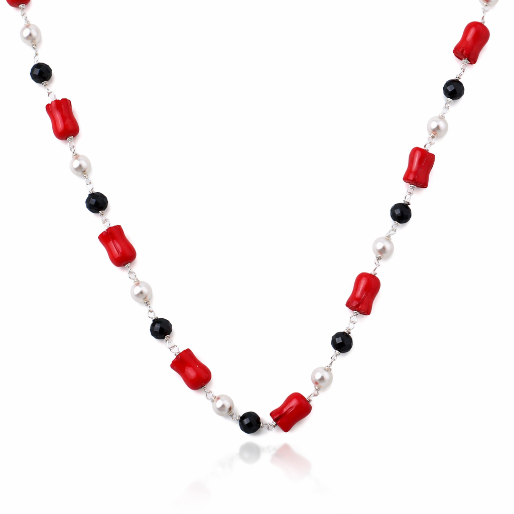 92.5 Sterling Silver Ganthan of Coral, Pearl & Black Spinnels