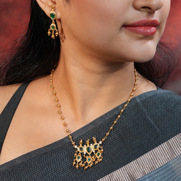 Green CZ Tanmani Set with Sarmanee | 22K Gold-Plated