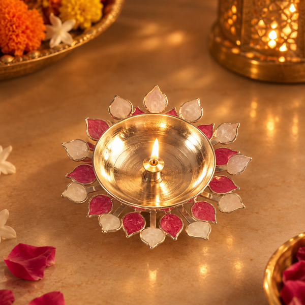 Silver Plated Diya with Pink & Beige Enamel