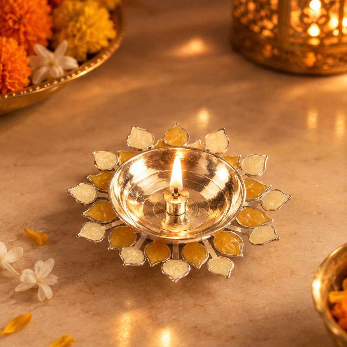 Silver Plated Diya with Yellow & Beige Enamel
