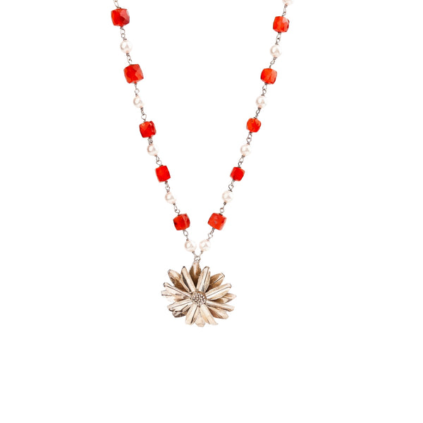 Sunflower pendant with Carnelian and Pearl beads on silver chain