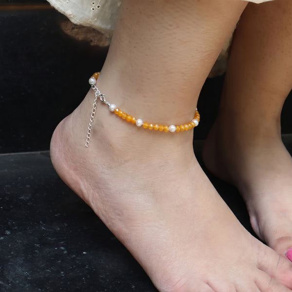 Yellow Jade & Pearl Anklet | 92.5 Sterling Silver