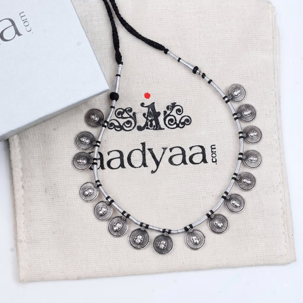 Silver Oxidised Coin Putali Necklace with Black Thread