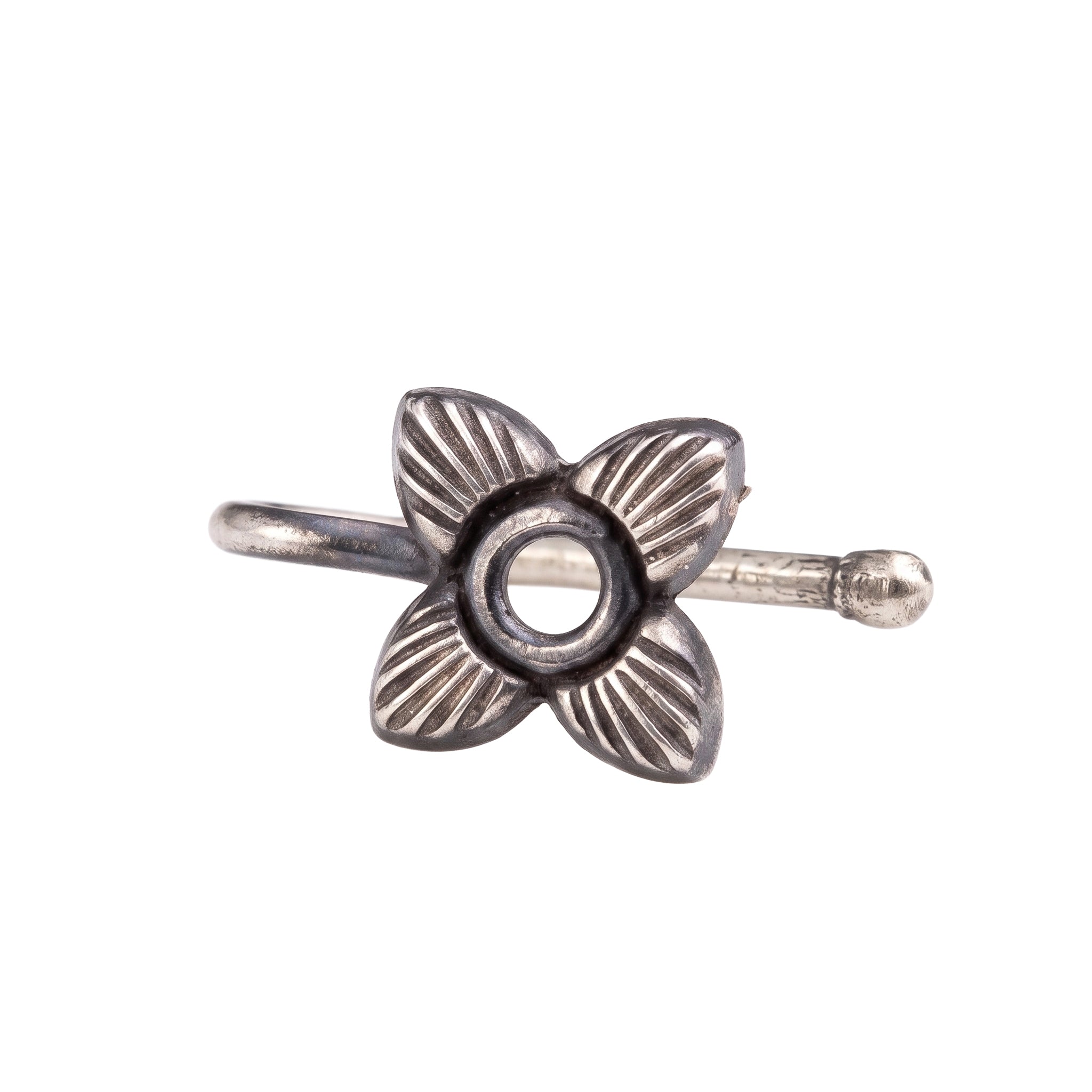 Silver Flower Nose Pin (Clip-On) – 4 Petals with Engraving