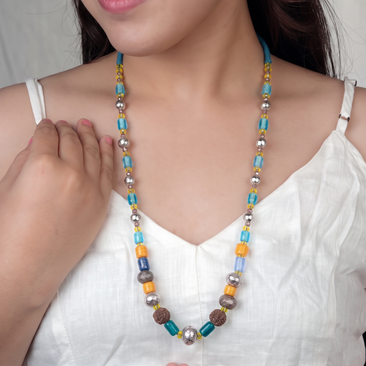 German Silver Necklace with Sea Blue & Yellow Glass Beads