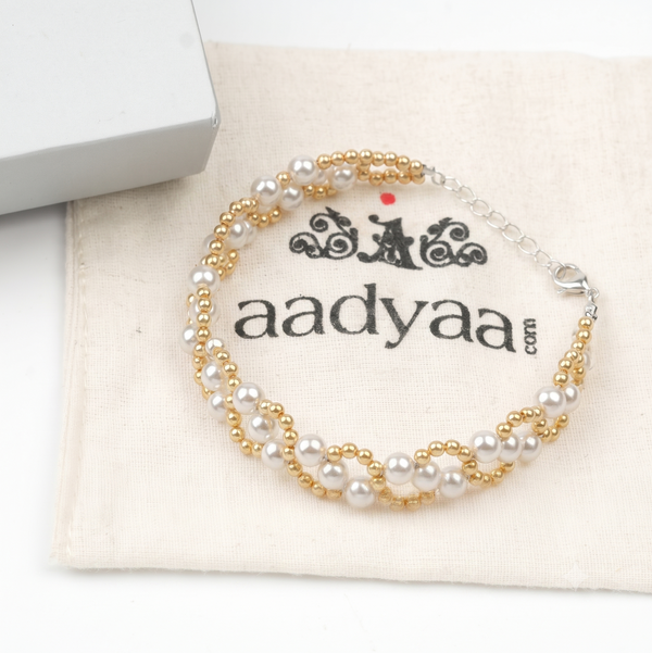 Golden and White Pearl Binded Bracelet (Project Handmade)