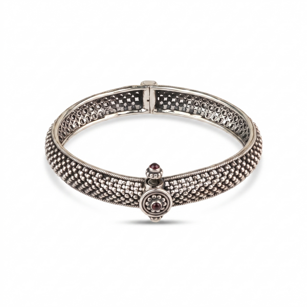 Silver Oxidised Textured Bangle with Maroon Stone