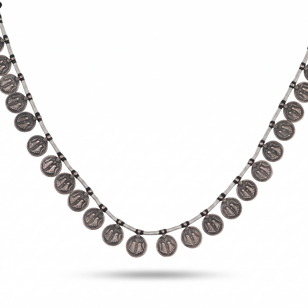 Silver Oxidised Putali Coin Necklace with Black Thread