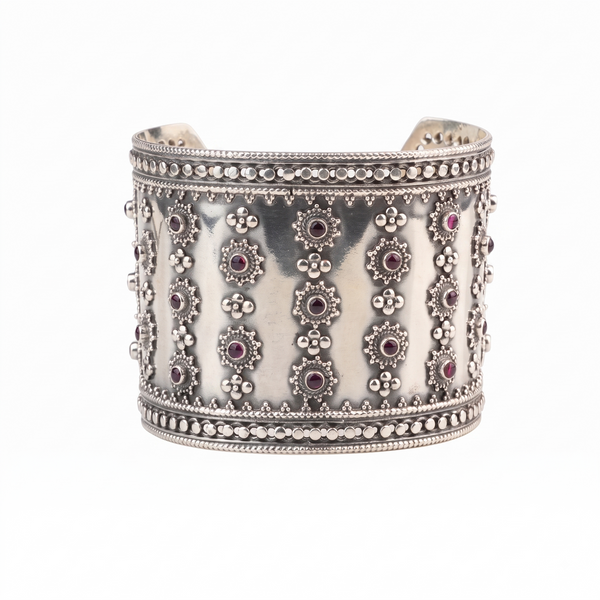 Silver Oxidised Statement Bracelet with Pink Stone