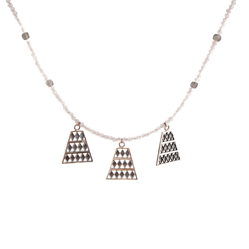 Silver trapezoid pendant necklace with moonstone and beaded chain