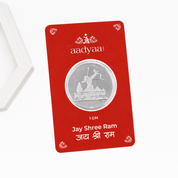 Angled view of Jay Shri Ram Silver Coin (1 gm) in 92.5 sterling silver with premium finish