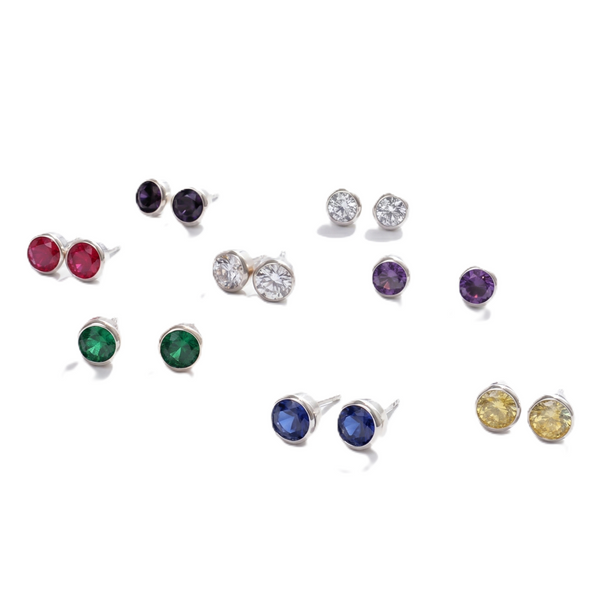 Colorful gemstone stud earrings in silver setting