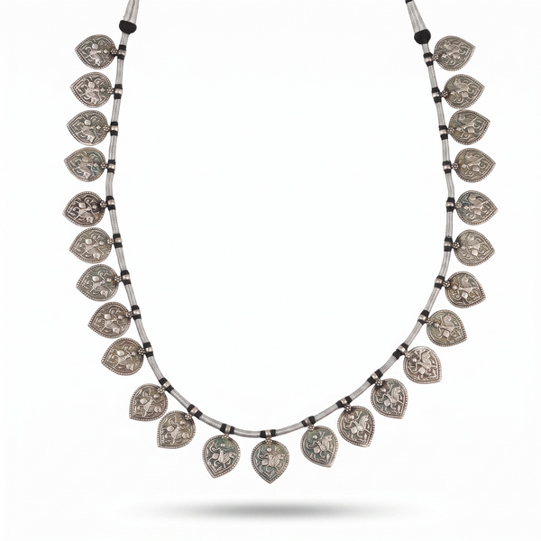 Silver Oxidised Leaf-Shaped Putali Necklace with Black Thread