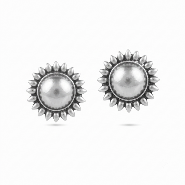 Big Dome with Small Petal Silver Earrings