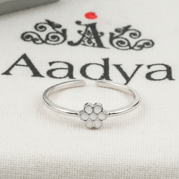 White Flower Enamel Silver Ring