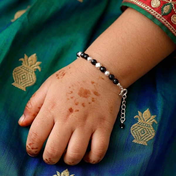 Ashtapailu Silver Baby Bracelet with Black Spinel & Pearls