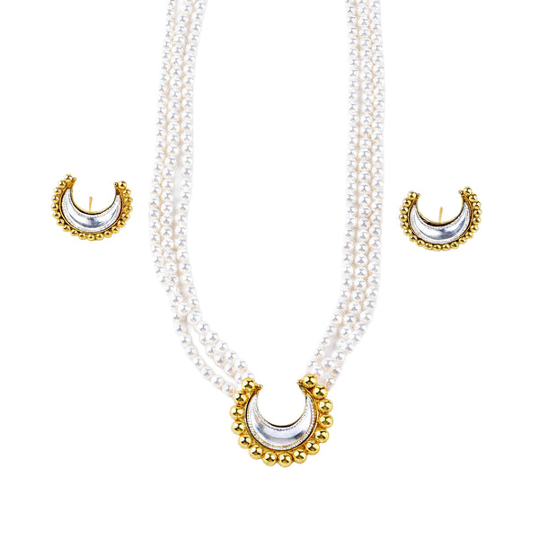 Pearl and gold-tone crescent jewelry set with necklace and earrings