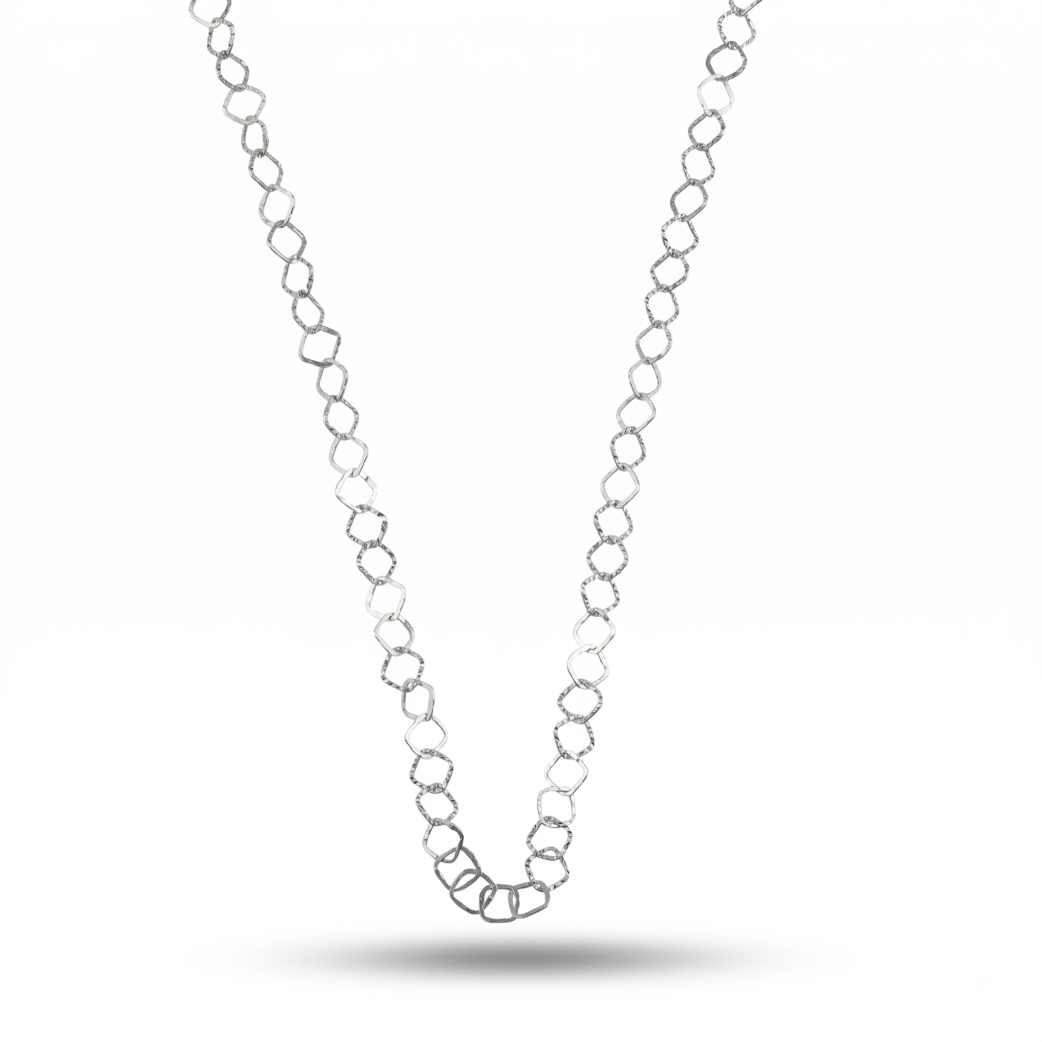 Silver Hammered Square Link Long Necklace