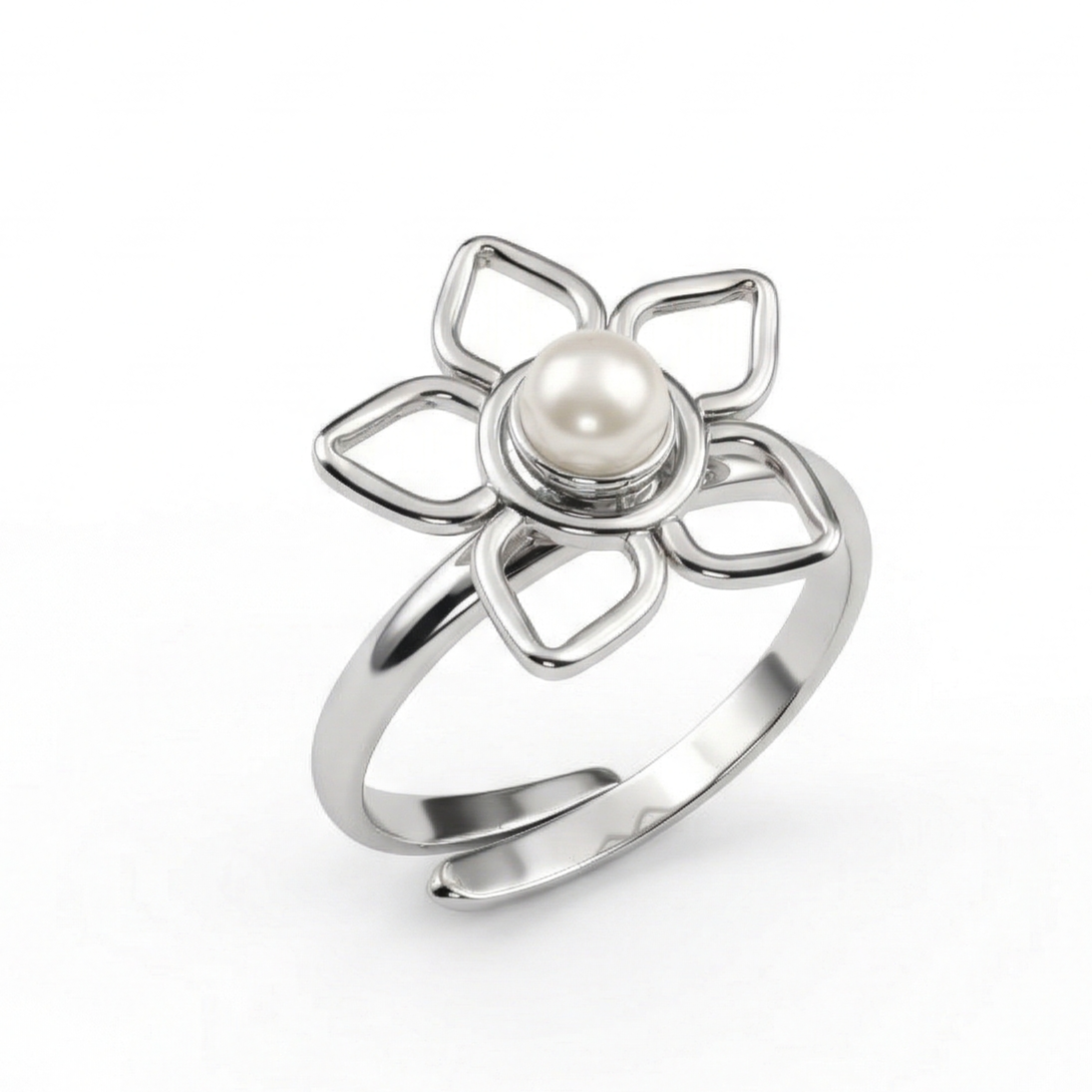 Sliver Flower and Pearl Ring