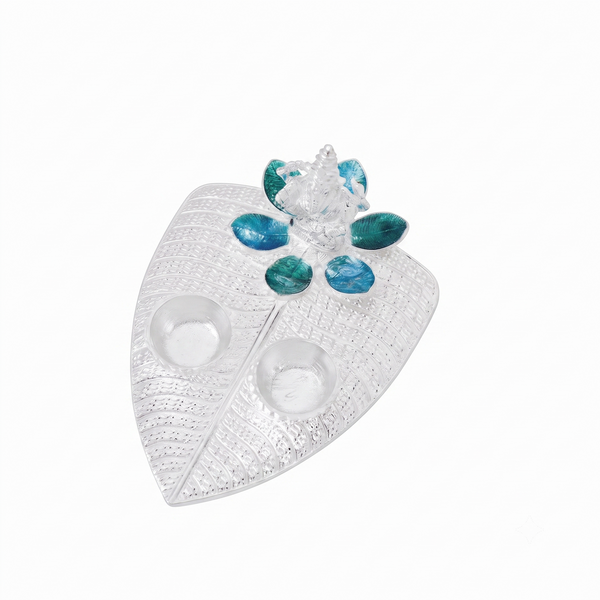 Silver Plated Diya / Karanda (Blue and Green Enamel)