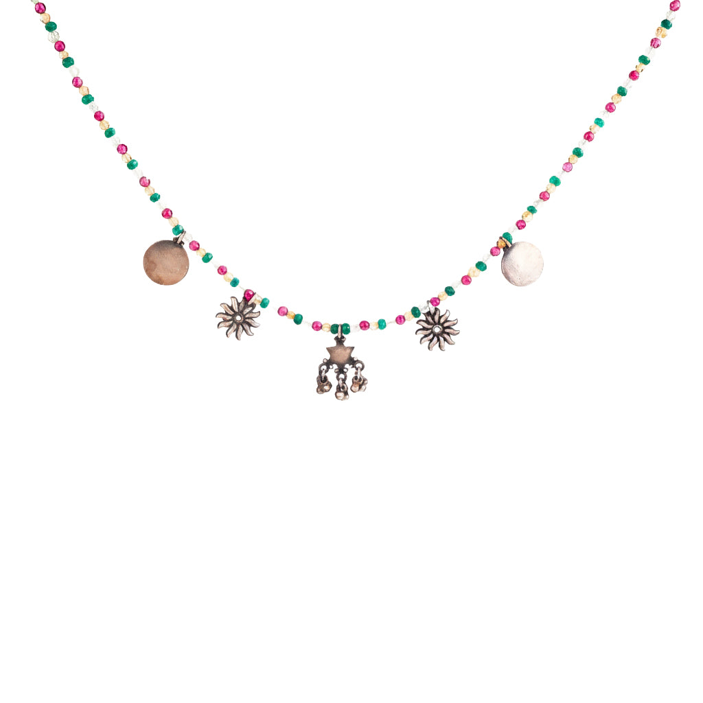 Silver 5 Charm Necklace with Multicolor Stones