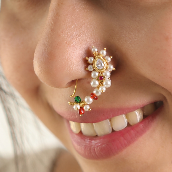 Pearl handmade nath - Left pierced |  92.5 Silver | 22K Gold Plated