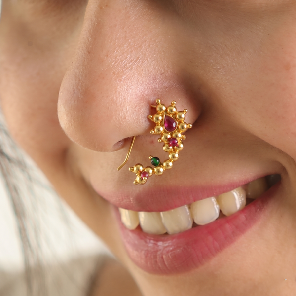 Itihaas Silver Maharashtrian Nath (Left pierced) |  92.5 Silver | 22K Gold Plated