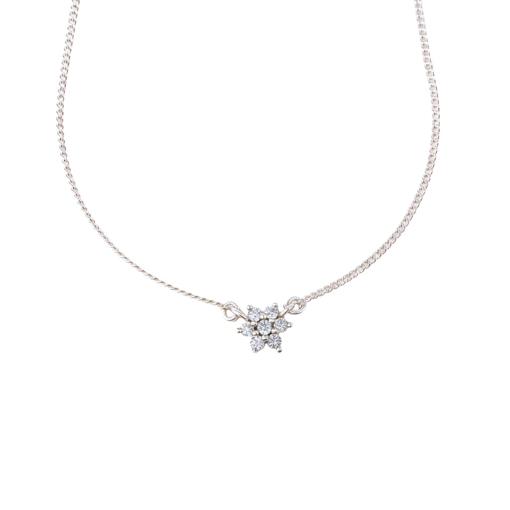 Classic Silver Flower motif CZ Necklace- Small