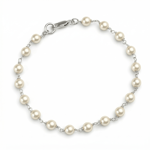 Silver pearl bracelet with round pearls and chain links