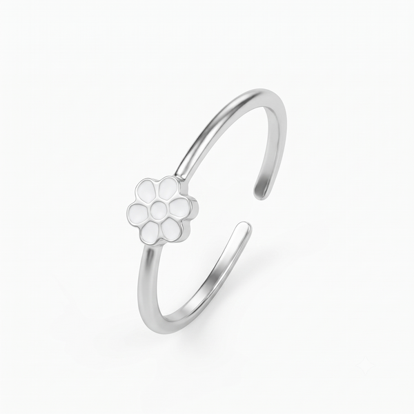 White Flower Enamel Silver Ring