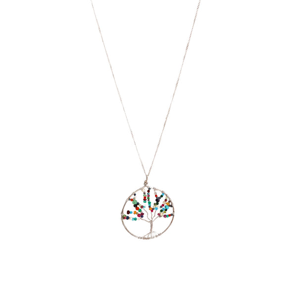 Tree of life multicolour semi precious stone necklace in 92.5 sterling silver