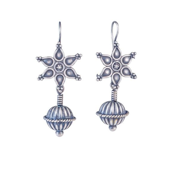 Oxidized Flower Spring Dome Earrings front view in 92.5 silver