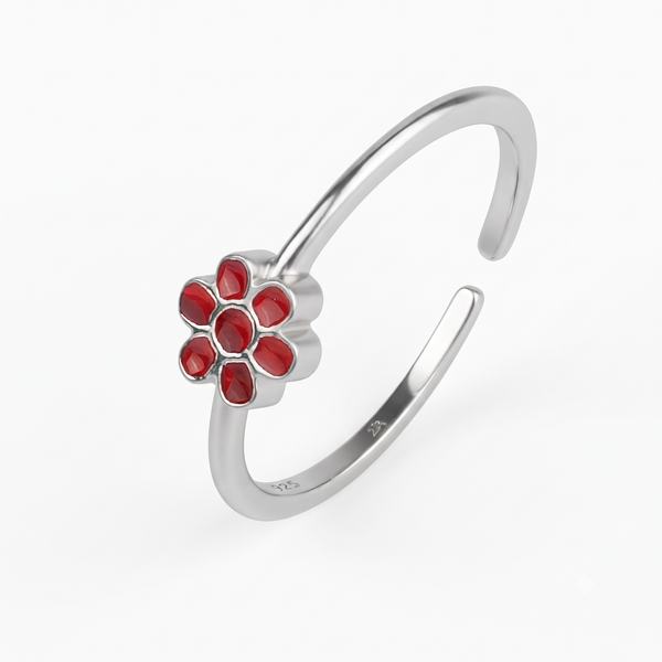 Red Flower Enamel Silver Ring