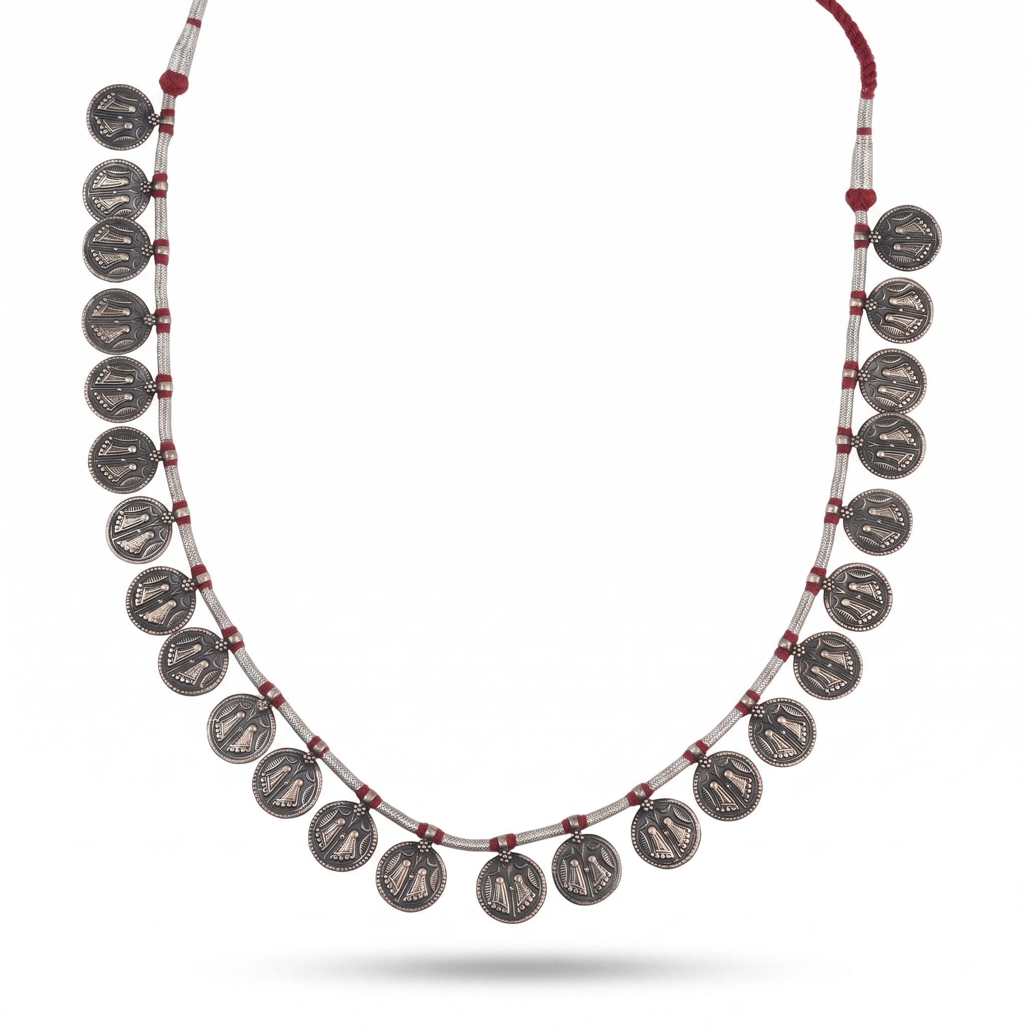 Silver Oxidised Putali Coin Necklace with Red Thread